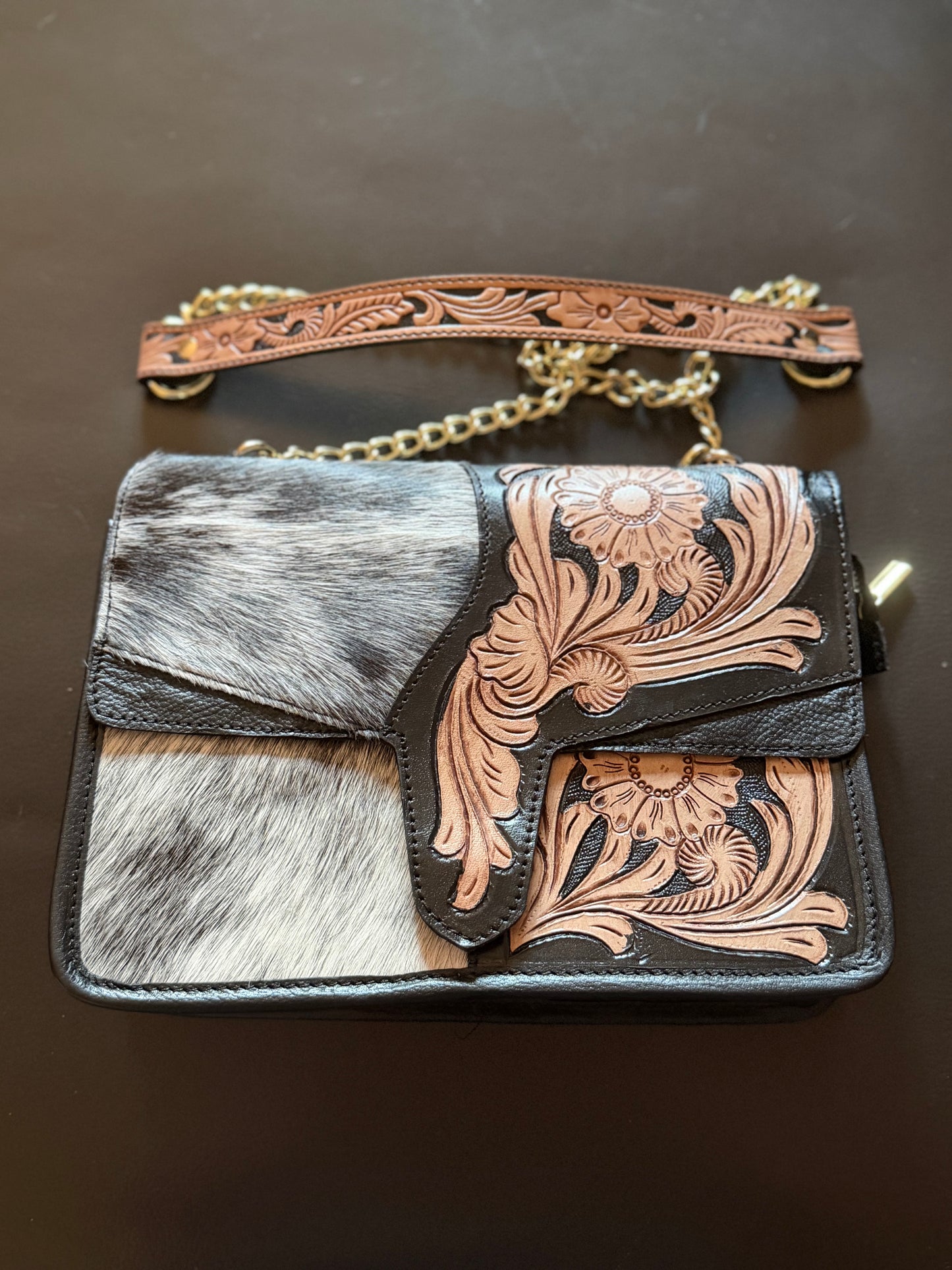 Tooled cowhide bag #1
