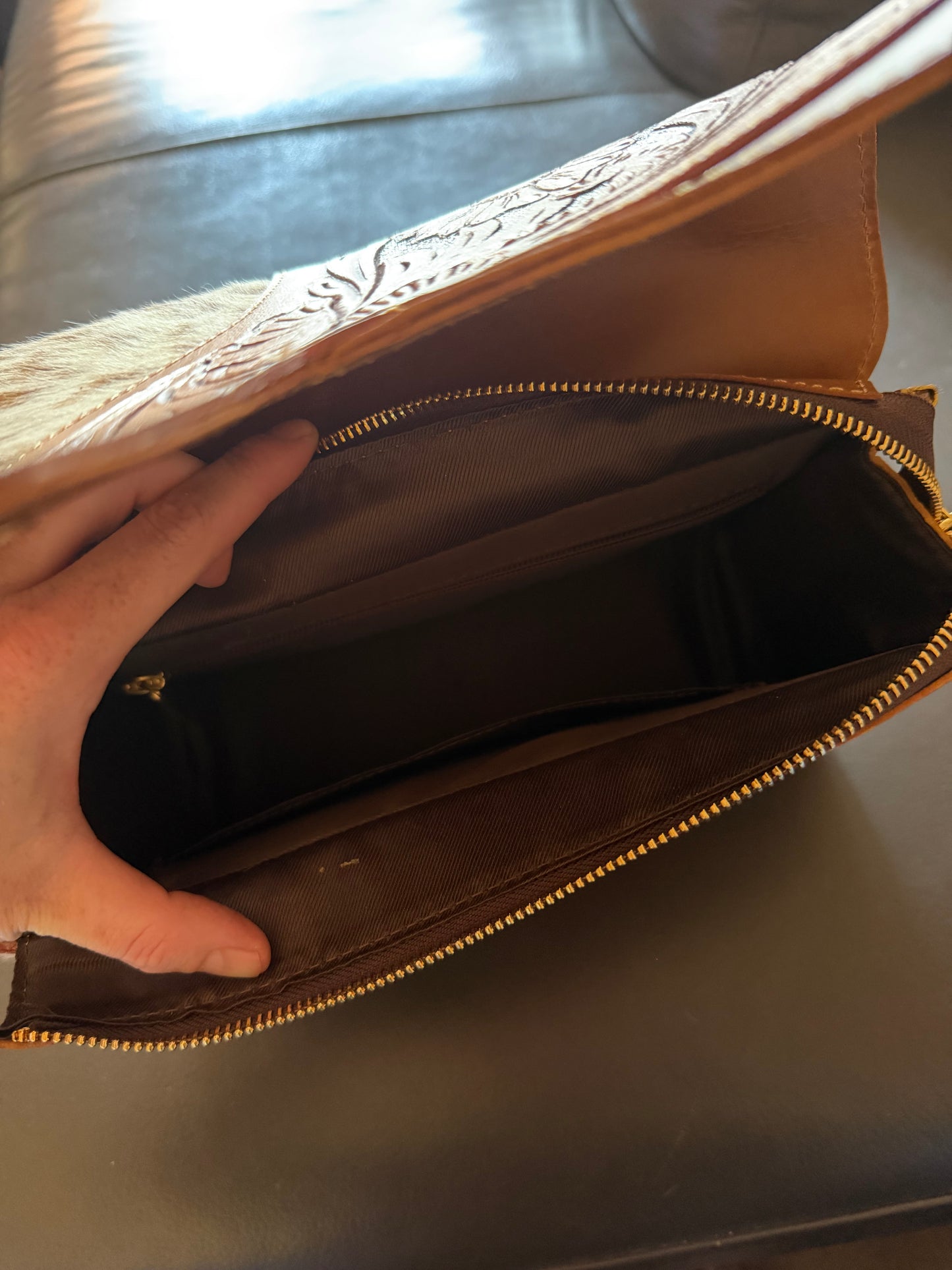 Tooled cowhide bag #1