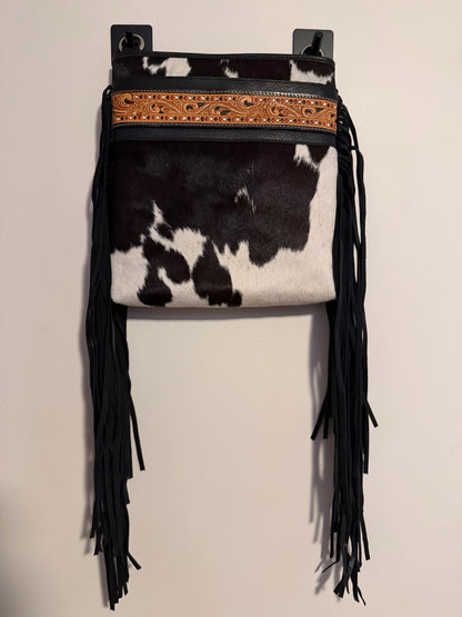 Tooled cowhide tassel crossbody