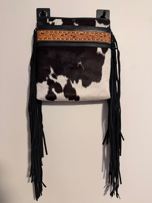 Tooled cowhide tassel crossbody
