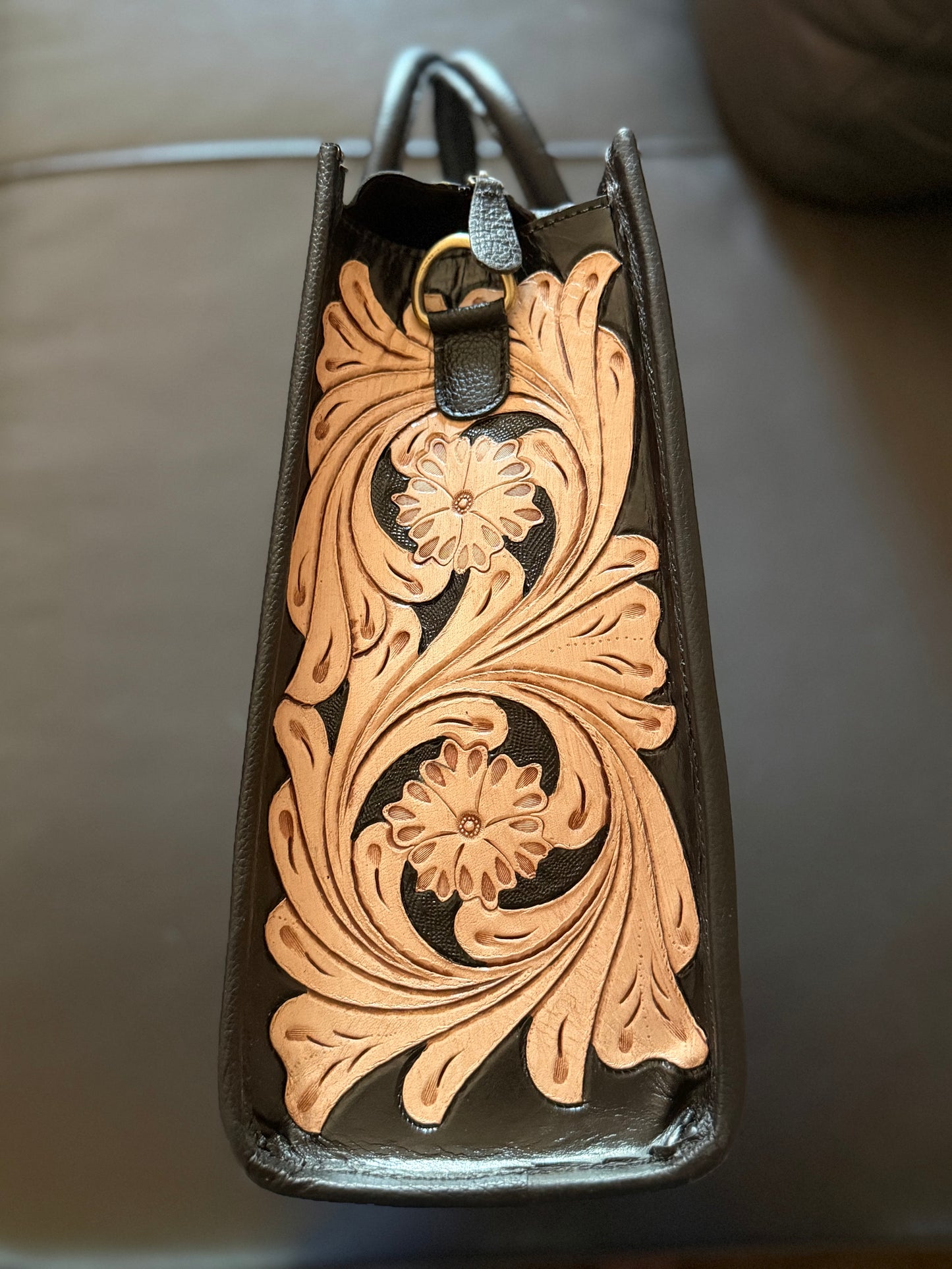 Tooled cowhide tote bag #1