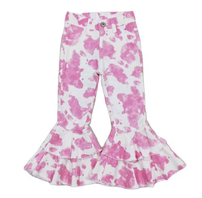 Kids pink cow print flare jeans