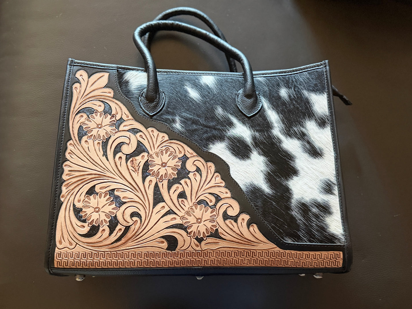 Tooled cowhide tote bag #1