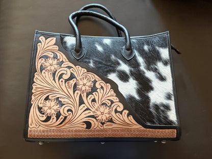 Tooled cowhide tote bag #1