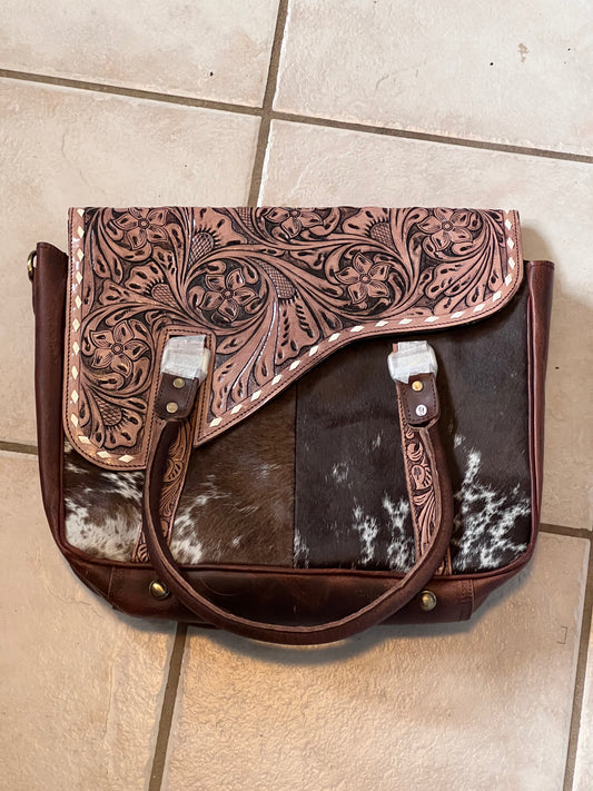 Tooled cowhide laptop/messenger bag