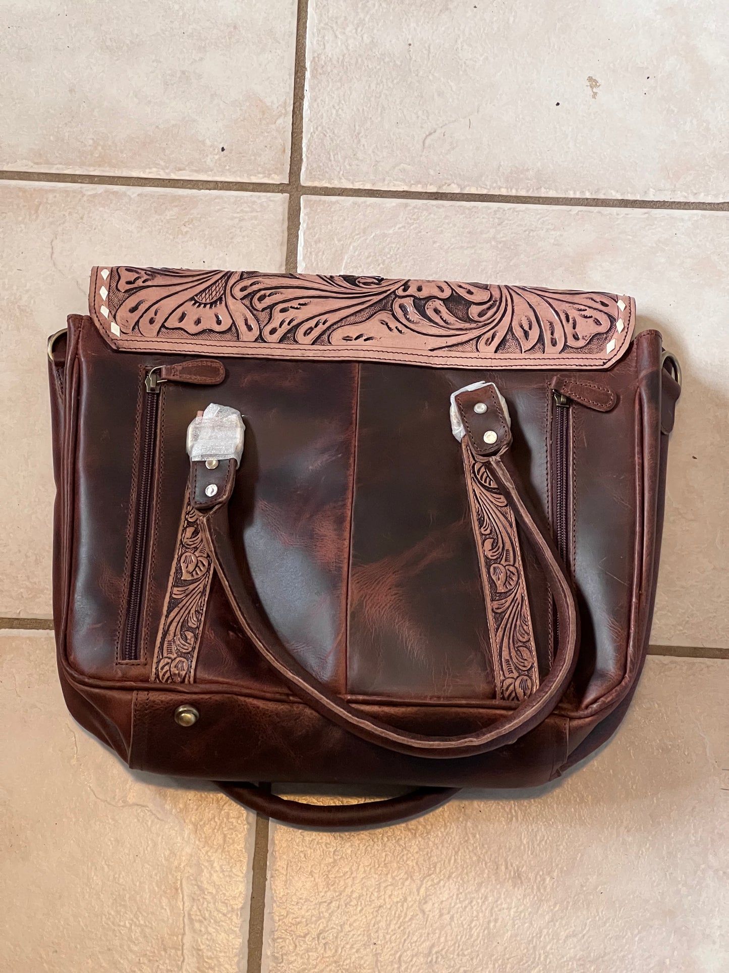 Tooled cowhide laptop/messenger bag