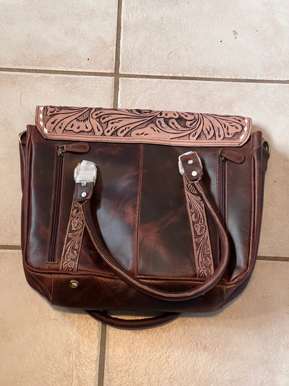 Tooled cowhide laptop/messenger bag