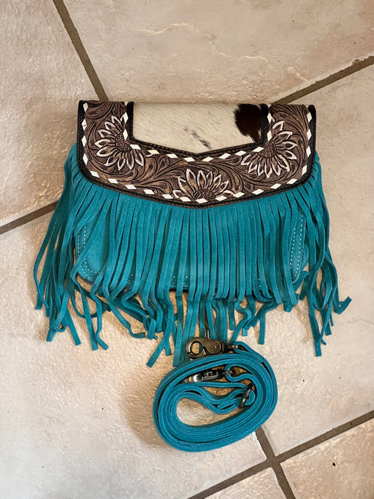 Tooled cowhide fringe crossbody bag #1