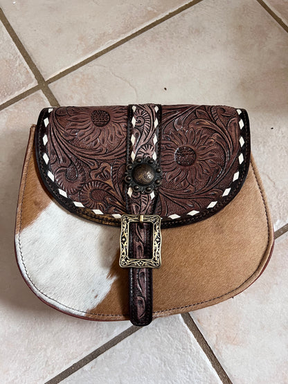 Tooled sunflower buckle bag #1