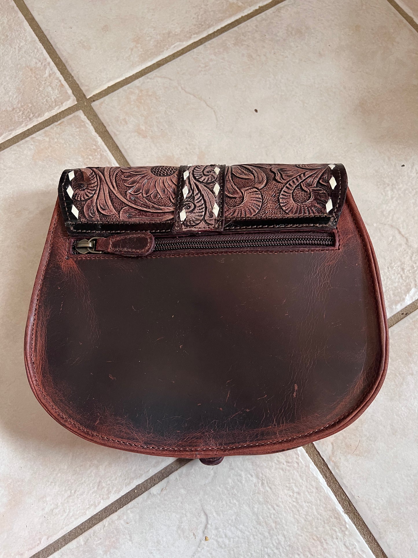 Tooled sunflower buckle bag #1