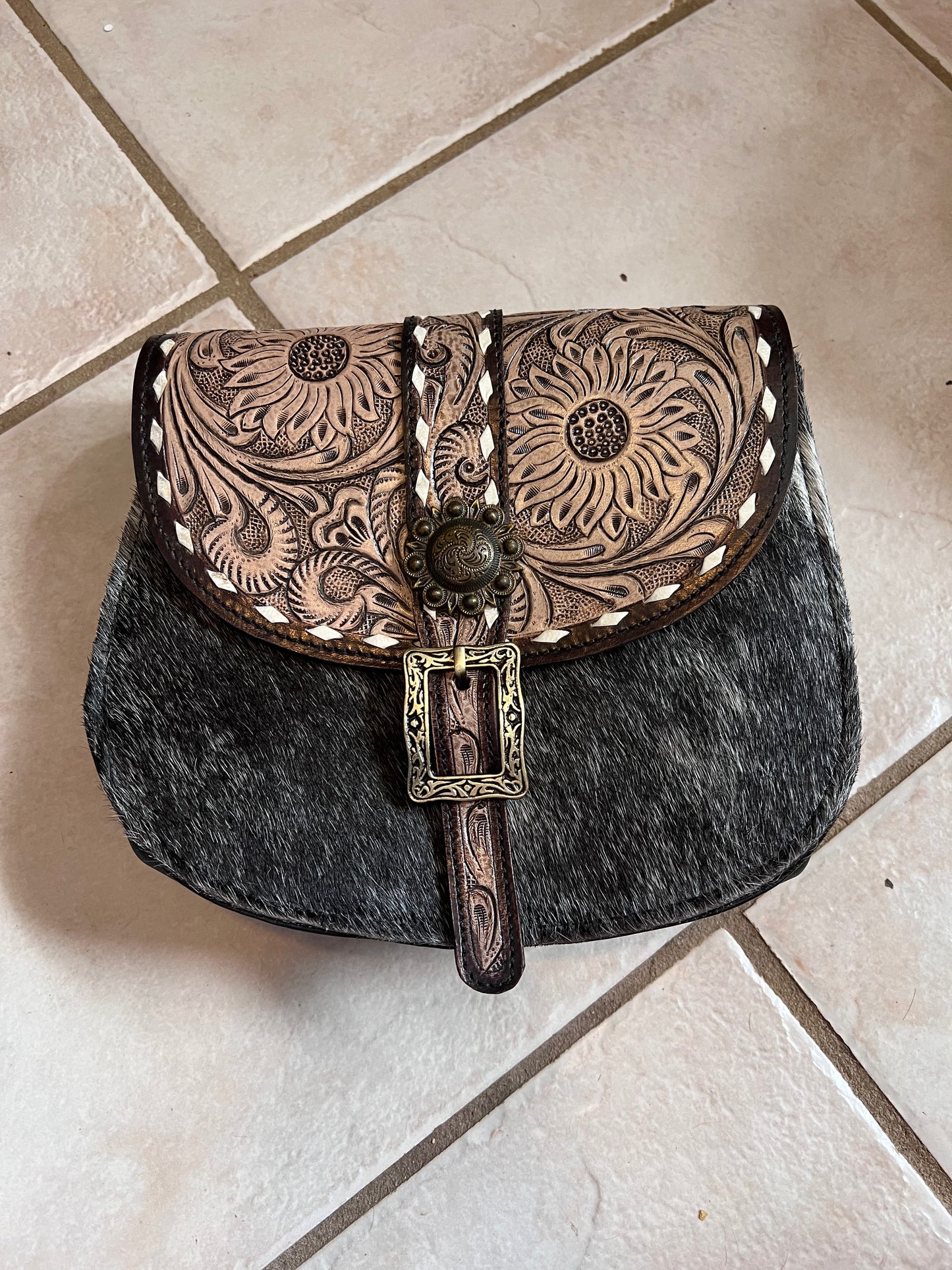 Tooled sunflower buckle bag #4