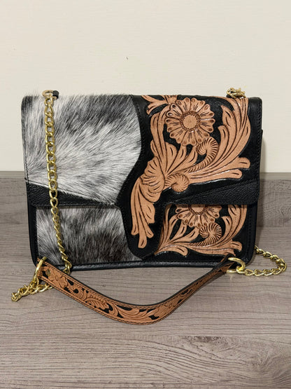 Tooled cowhide chain bag #1