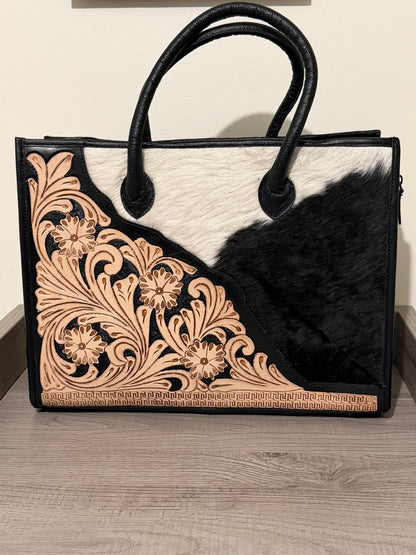 Tooled cowhide tote bag #4