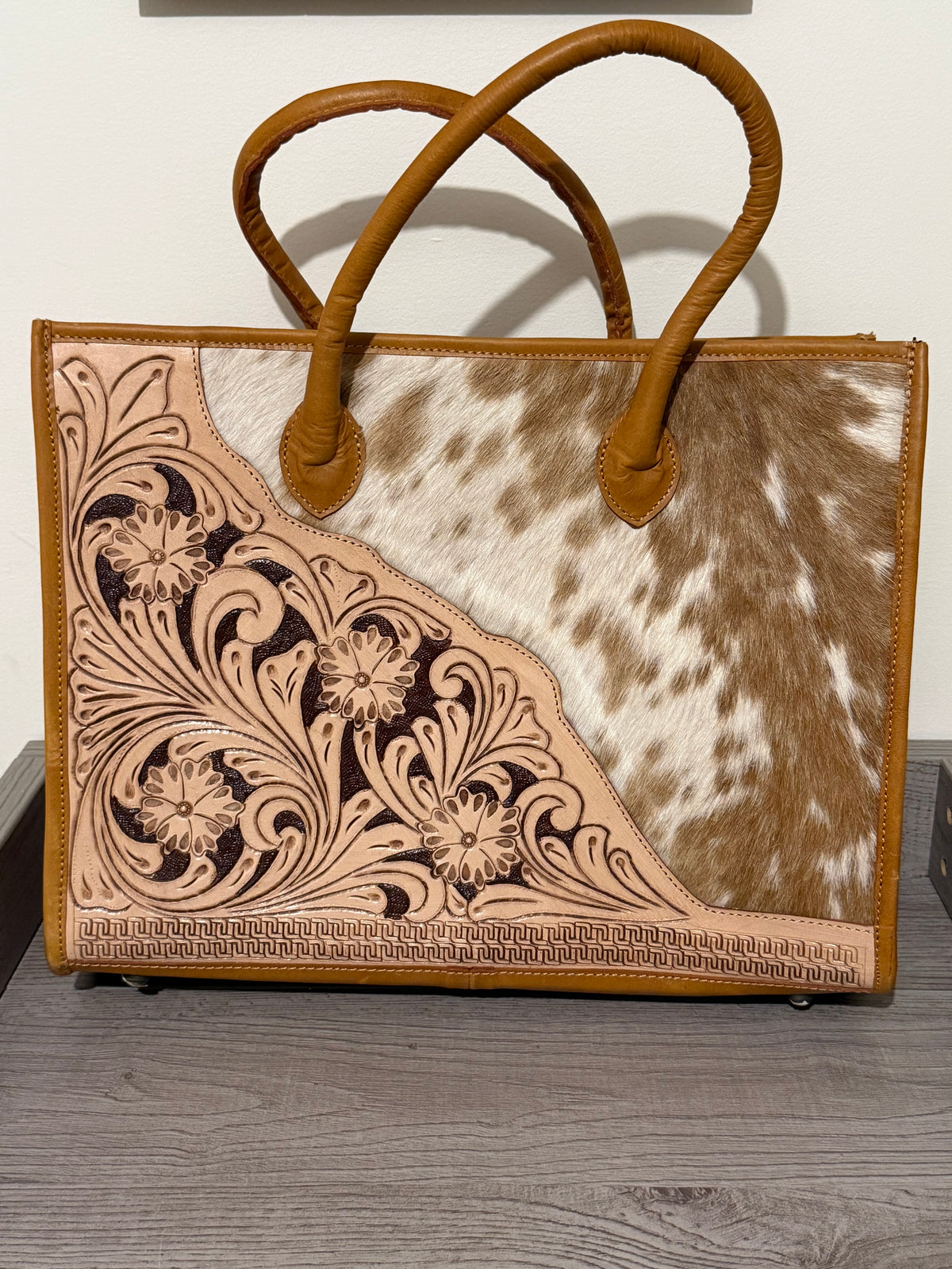 Tooled cowhide tote bag #1