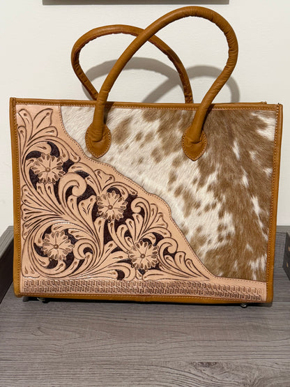 Tooled cowhide tote bag #1
