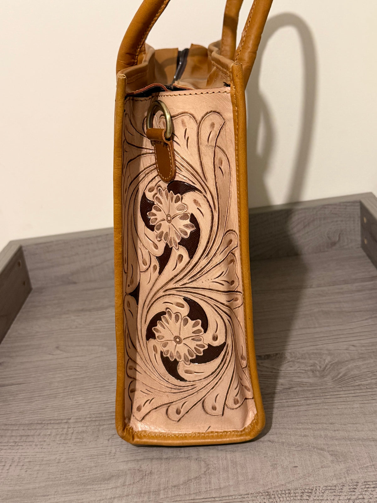 Tooled cowhide tote bag #1